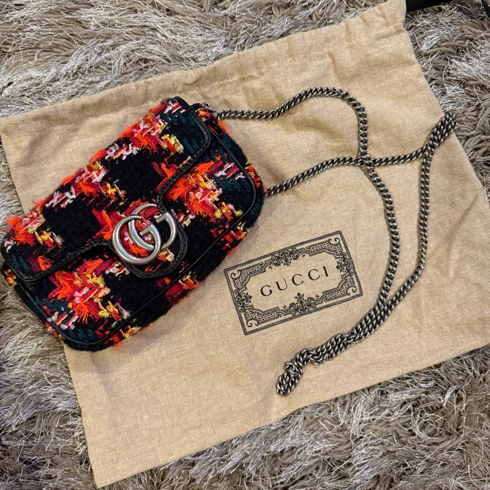 Gucci Multi Tweed Super Mini Marmont Crossbody Flap Bag